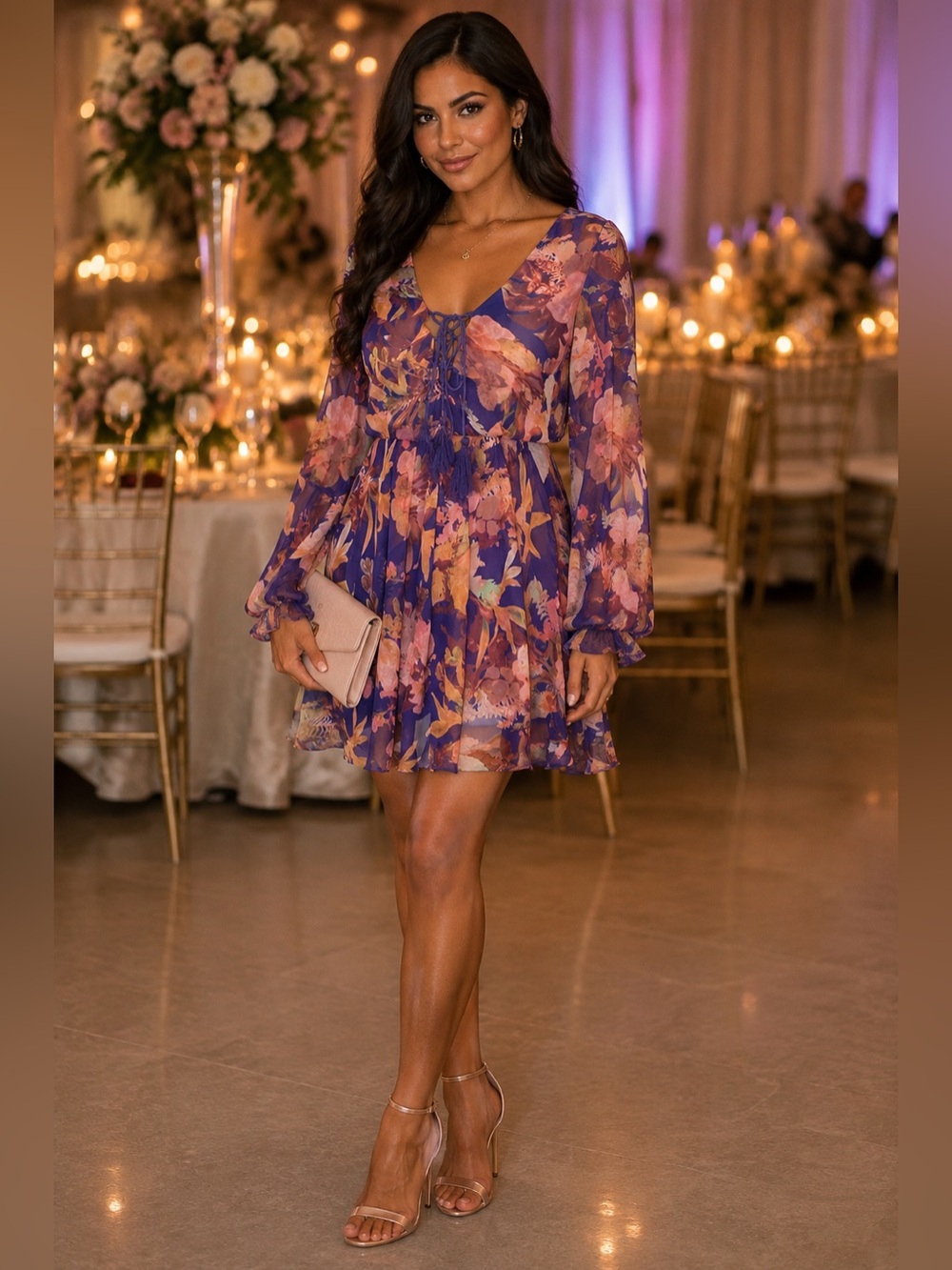 Luxxel Purple Floral Long Sleeve Mini Dress – Lace-Up & Cutout Detail